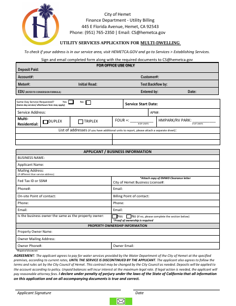 First page of the Utility Services Application for Multi-Dwelling