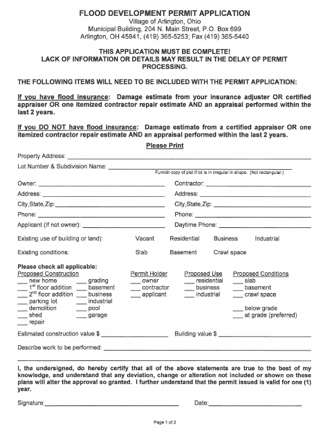 First page of the Flood Development Permit Application Form