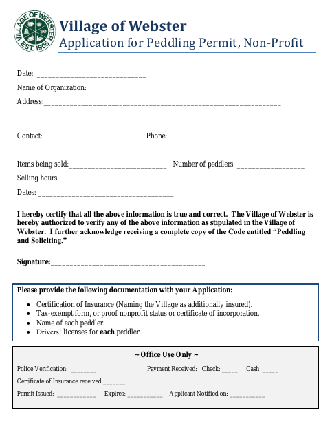 First page of the Application for Peddling Permit, Non-Profit