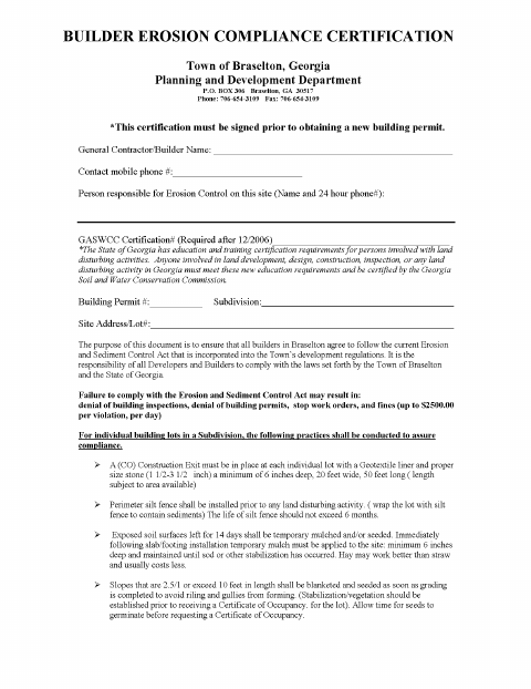 First page of the Builder Erosion Control Compliance Certification