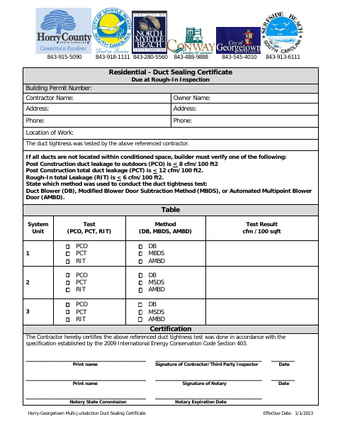 First page of the Residential Duct Sealing Certificate