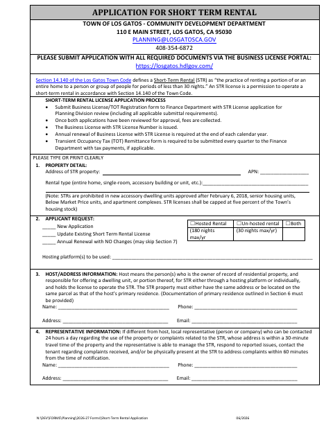 First page of the Application for Short-Term Rental