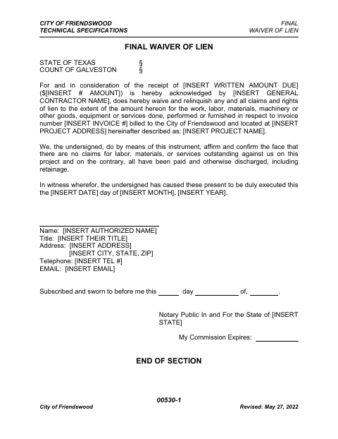 First page of the Final Waiver of Lien