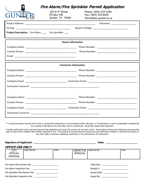 First page of the Fire Alarm/Fire Sprinkler Permit Application