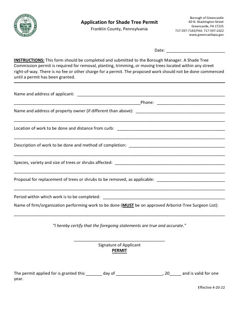 First page of the Application for Shade Tree Permit