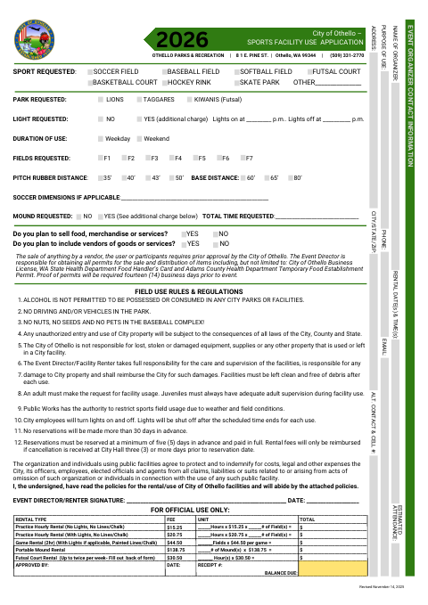 First page of the Sports Facility Use Application