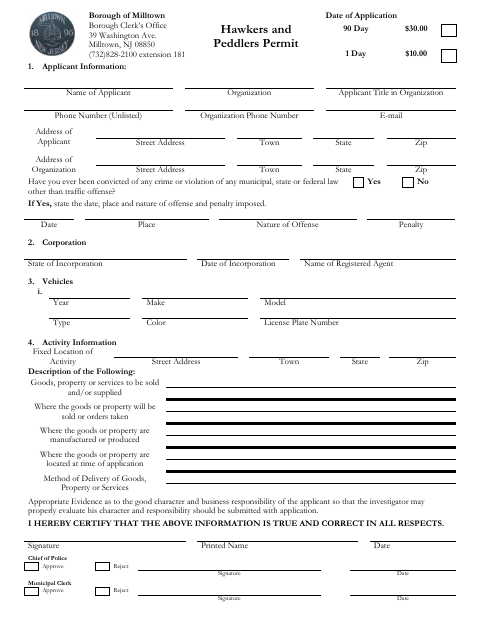 First page of the Hawkers and Peddlers Permit Application