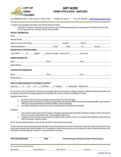 First page of the Dirt Work Permit Application - Simplified