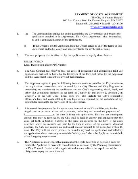 First page of the Payment of Costs Agreement