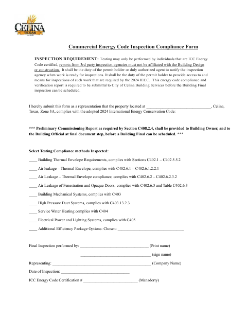 First page of the Commercial Energy Code Inspection Compliance Form