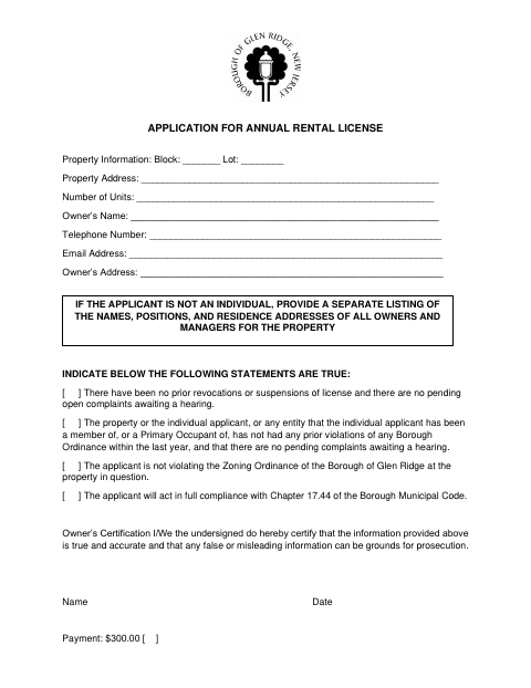 First page of the Application for Annual Rental License