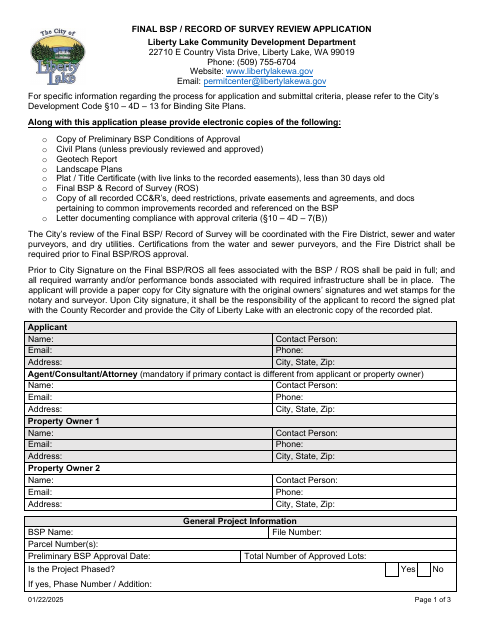 First page of the Final BSP & Record of Survey Review Application