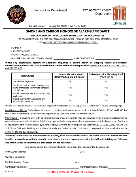 First page of the Smoke and Carbon Monoxide Alarms Affidavit