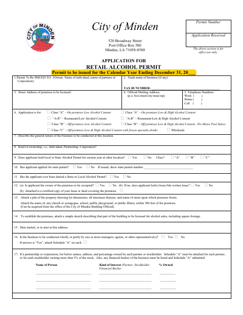 First page of the Retail Alcohol Permit Application