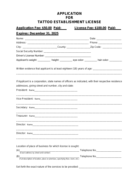 First page of the Tattoo Establishment License Application