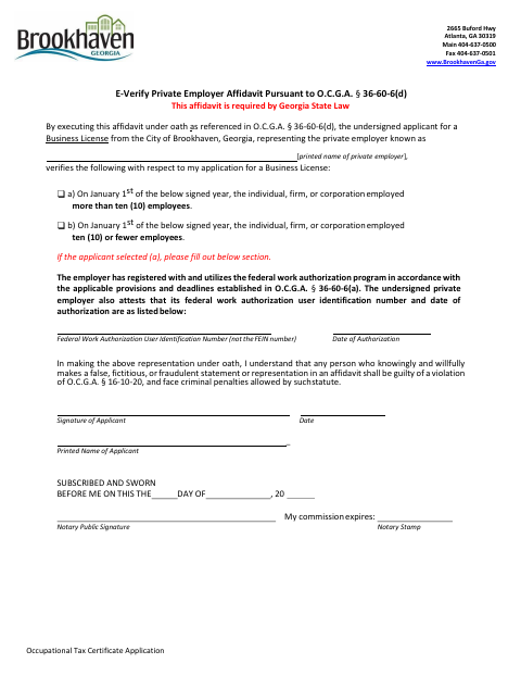 First page of the E-Verify Private Employer Affidavit