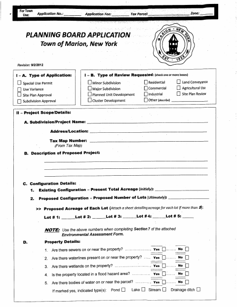 First page of the Planning Board Application