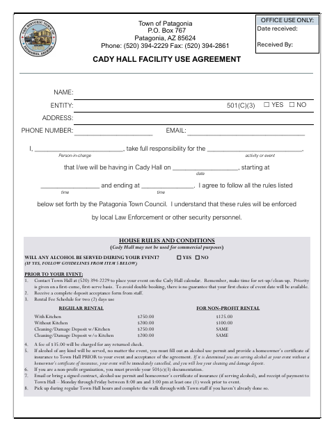First page of the Cady Hall Facility Use Agreement