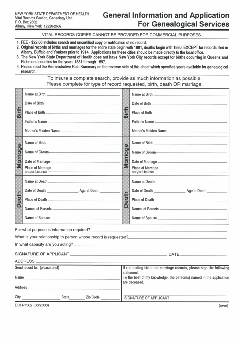 First page of the Application for Genealogical Services