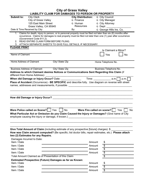 First page of the Liability Claim for Damages to Person or Property