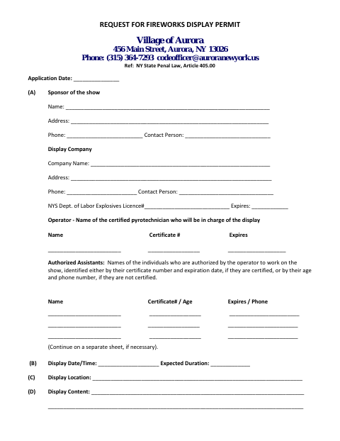 First page of the Request for Fireworks Display Permit