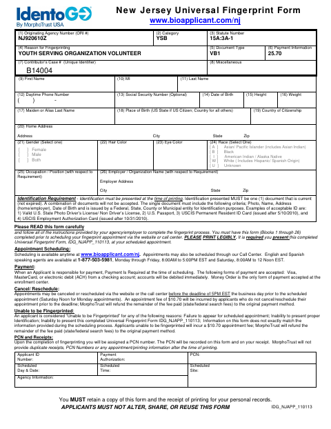 First page of the New Jersey Universal Fingerprint Form
