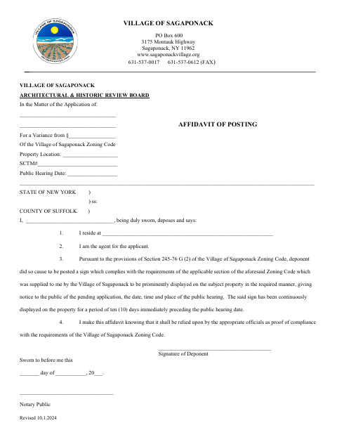 First page of the Architectural & Historic Review Board Affidavit of Posting