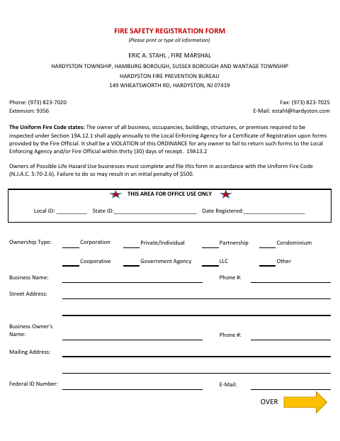 First page of the Fire Safety Registration Form