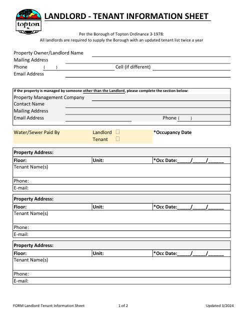 First page of the Landlord-Tenant Information Sheet