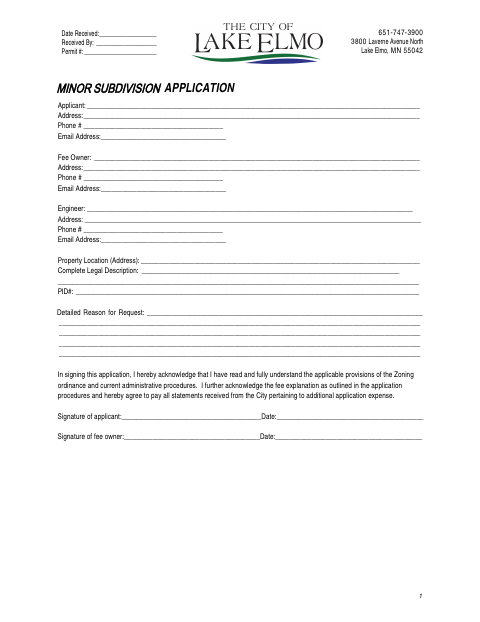 First page of the Minor Subdivision Application