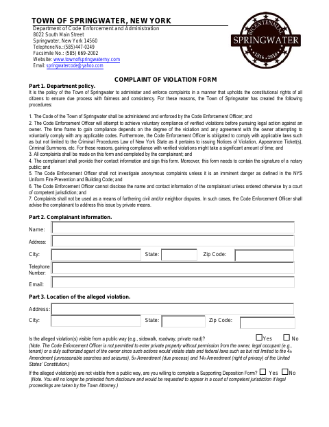 First page of the Complaint of Violation Form