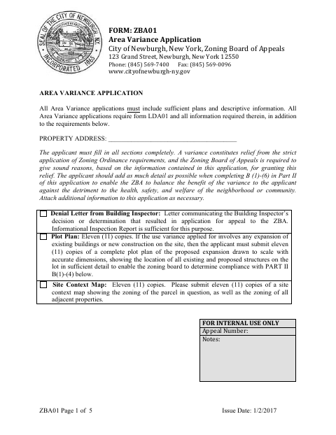 First page of the Area Variance Application (Form ZBA01)