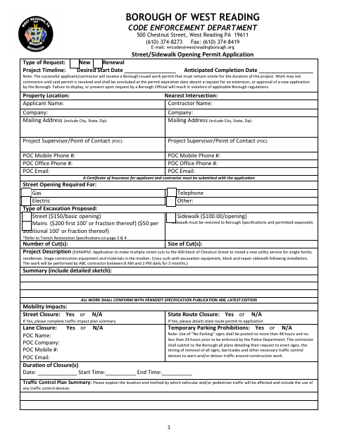 First page of the Street/Sidewalk Opening Permit Application