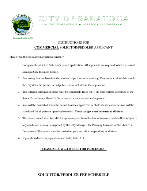 First page of the Solicitor/Peddler Permit Application