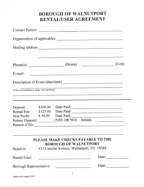 First page of the Pavilion Rental Agreement