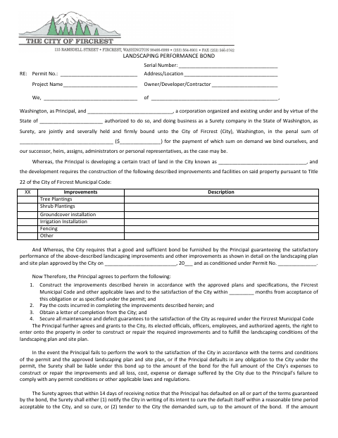 First page of the Landscaping Performance Bond