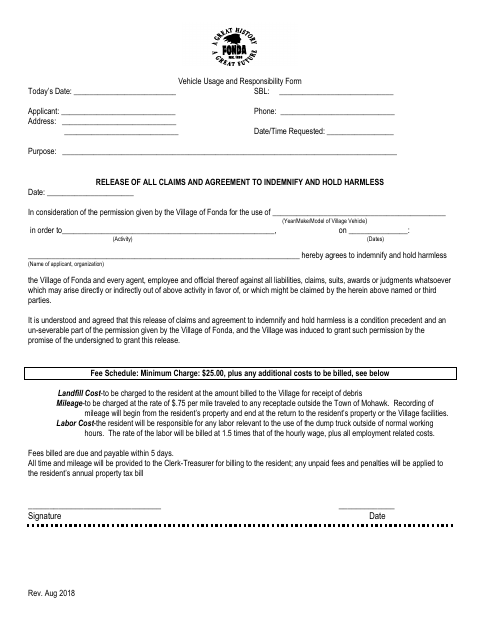 First page of the Vehicle Usage and Responsibility Form