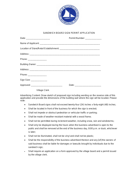 First page of the Sandwich Board Sign Permit Application