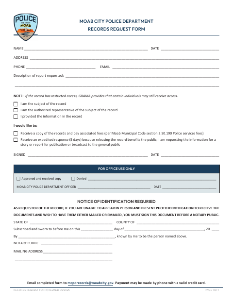 First page of the Police Records Request Form
