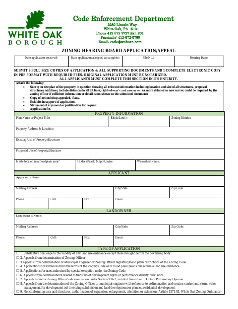 First page of the Zoning Hearing Board Application and Appeal