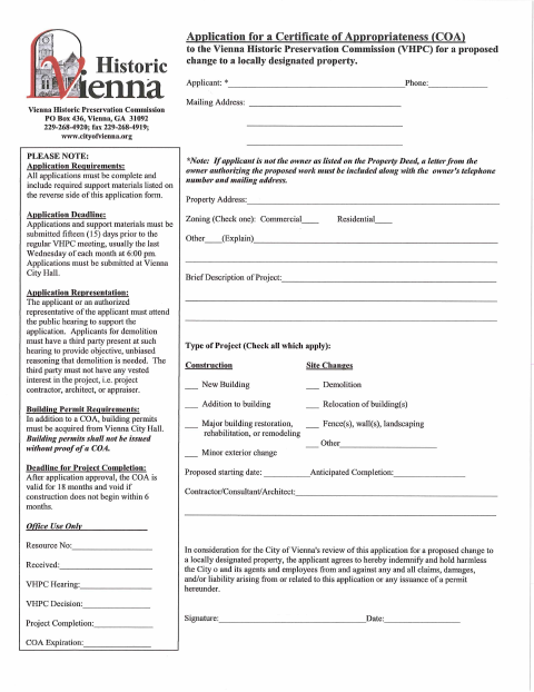 First page of the Certificate of Appropriateness Application