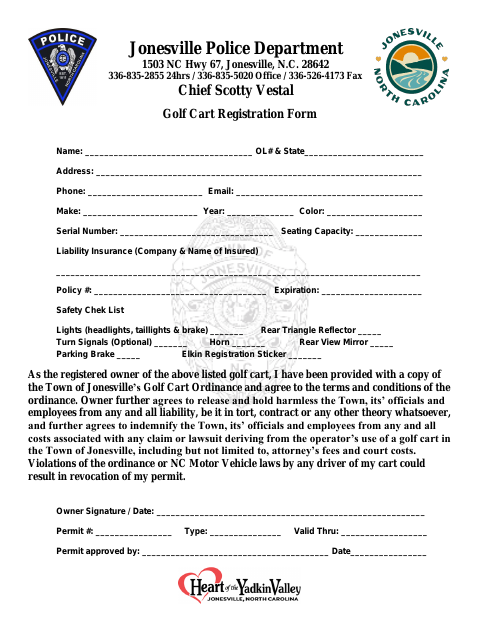 First page of the Golf Cart Registration Form