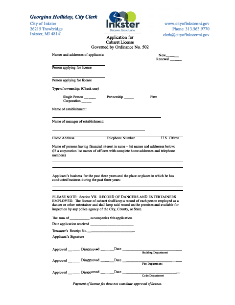 First page of the Cabaret License Application
