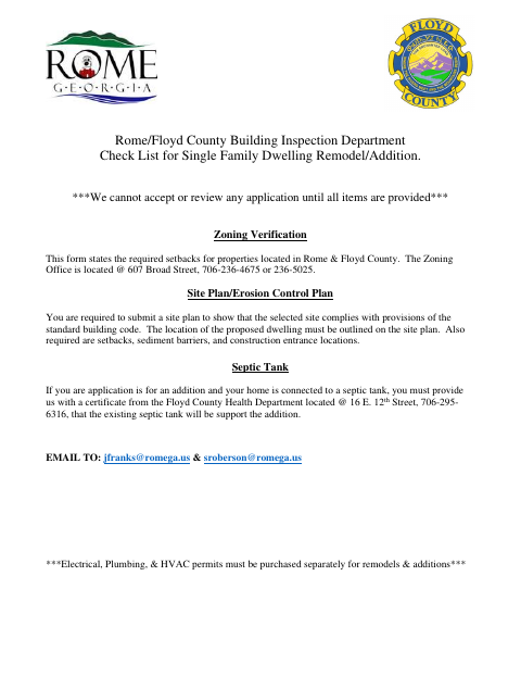First page of the Single Family Dwelling Remodel/Addition Checklist