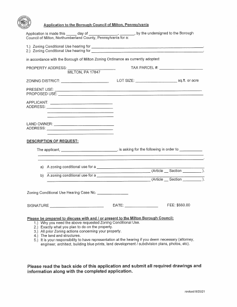 First page of the Zoning Conditional Use Application