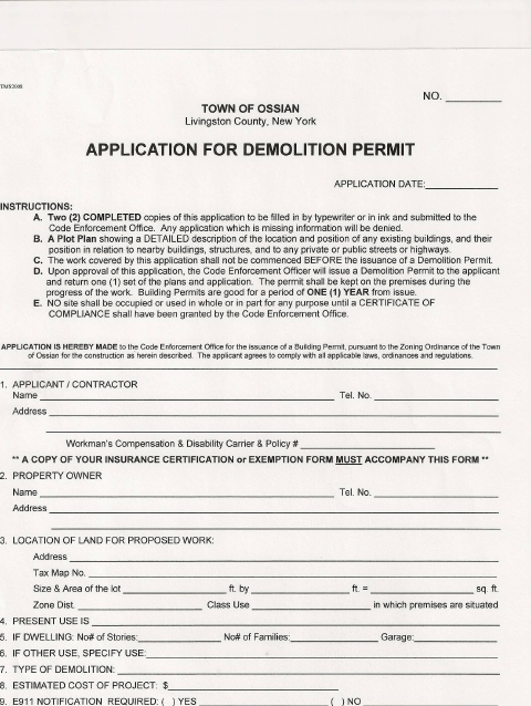 First page of the Application for Demolition Permit