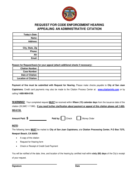 First page of the Request for Code Enforcement Hearing Appealing an Administrative Citation