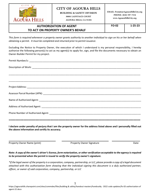 First page of the Authorization of Agent to Act on Property Owner’s Behalf