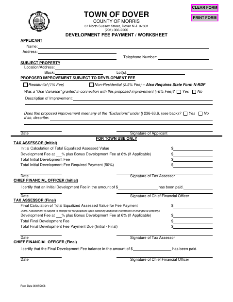 First page of the Development Fee Payment Worksheet