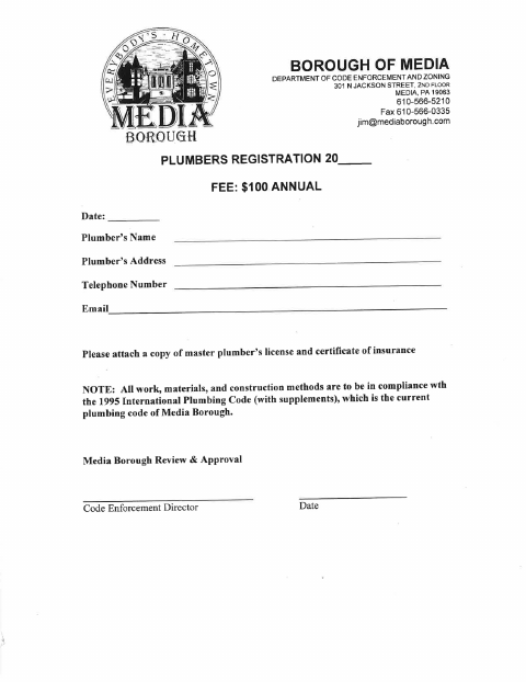 First page of the Plumbers Registration Form